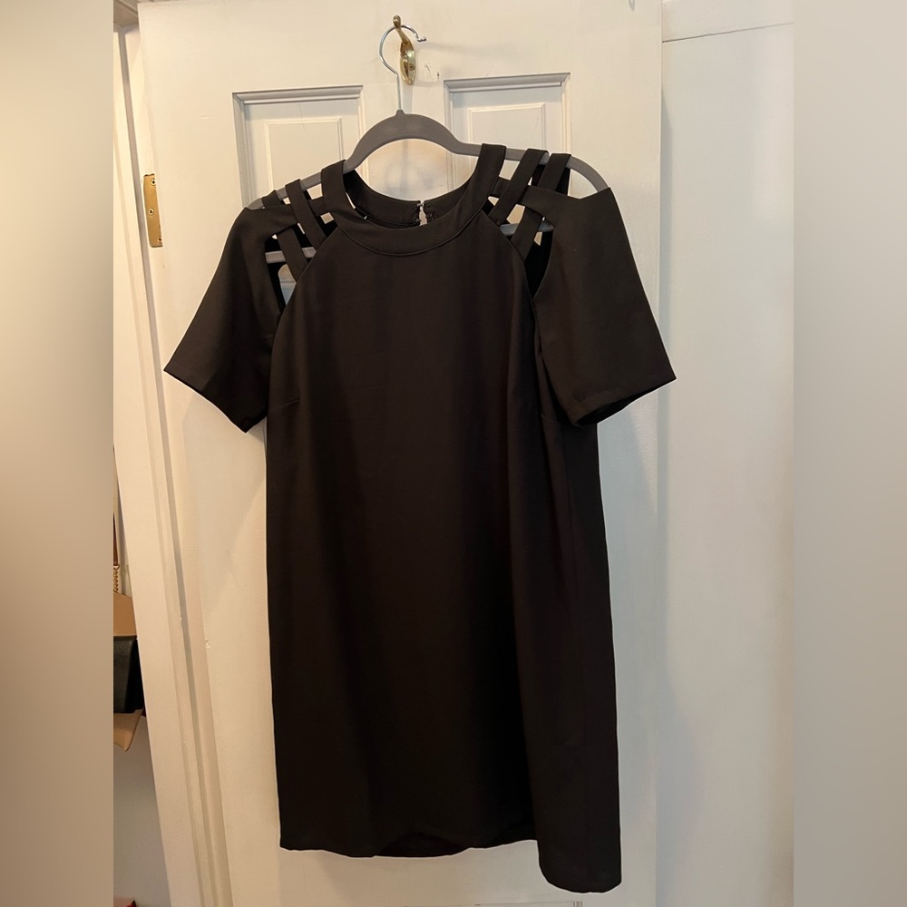Lulu’s black mini shift dress with shoulder cut-out details